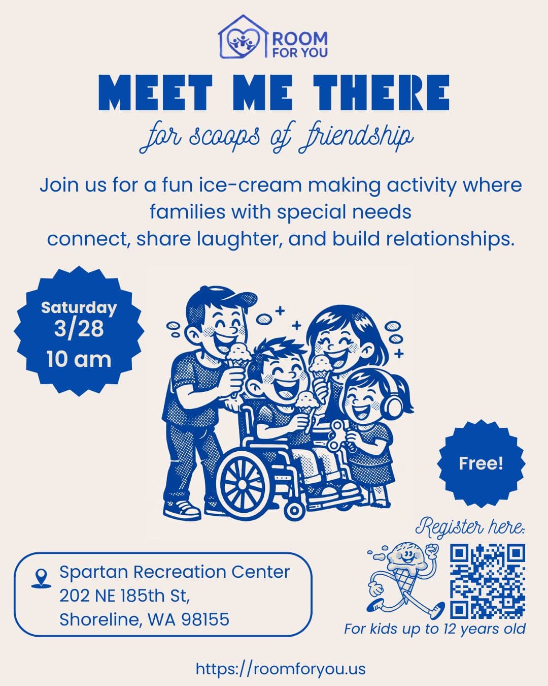 Meet Me There event poster with date, location, and registration QR code